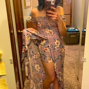 purple floral floor length off the shoulder dress with shorts